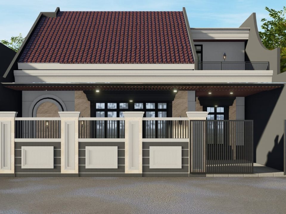 Desain tampak depan rumah dengan atap genteng merah, balkon di lantai atas, dan pagar krem-abu