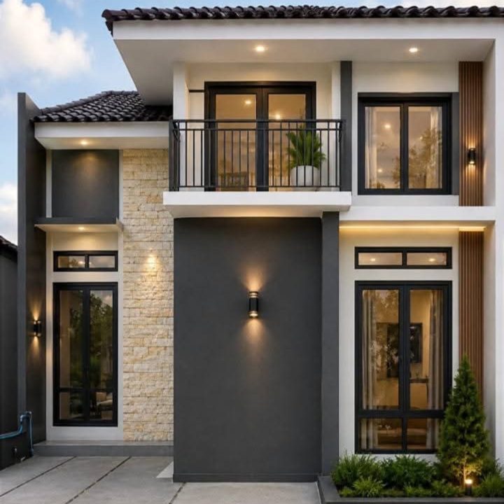 Tampak depan rumah dua lantai dengan balkon, aksen batu alam, dan lampu dinding
